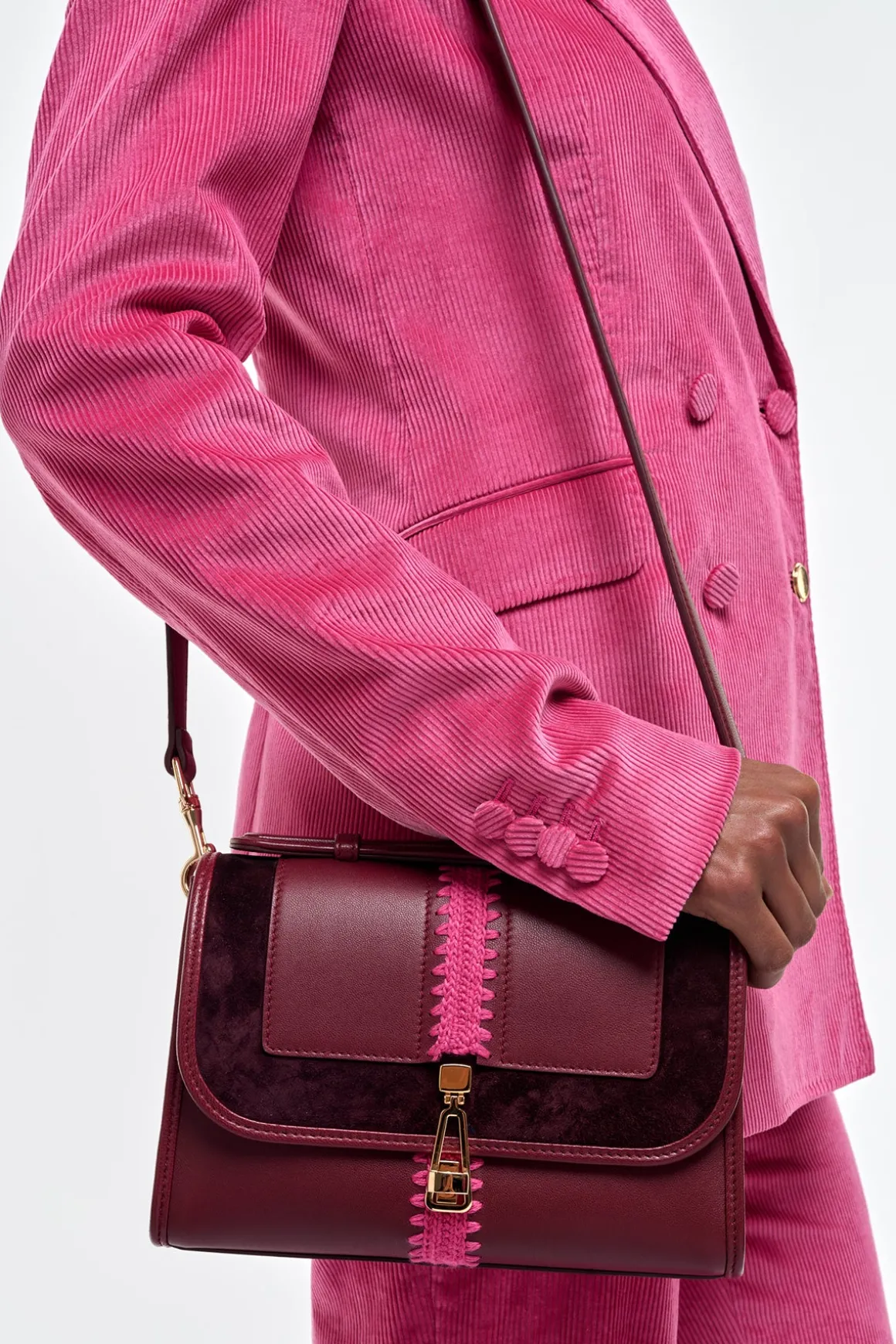Small Leonora Flap Embroidered Bag in Bordeaux & Fuchsia Nappa Leather