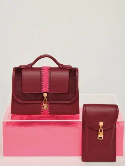 Small Leonora Flap Embroidered Bag in Bordeaux & Fuchsia Nappa Leather