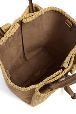 Small Marija Tote Bag in Dark Sand Suede & Raffia