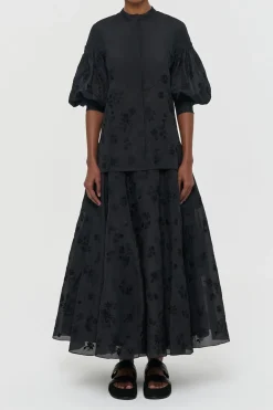 Sofia Mia's Flowers Blouse in Black Embroidered Silk Organza