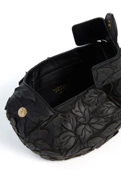 Soft Demi Embroidered Leaves Clutch in Black Nappa Leather
