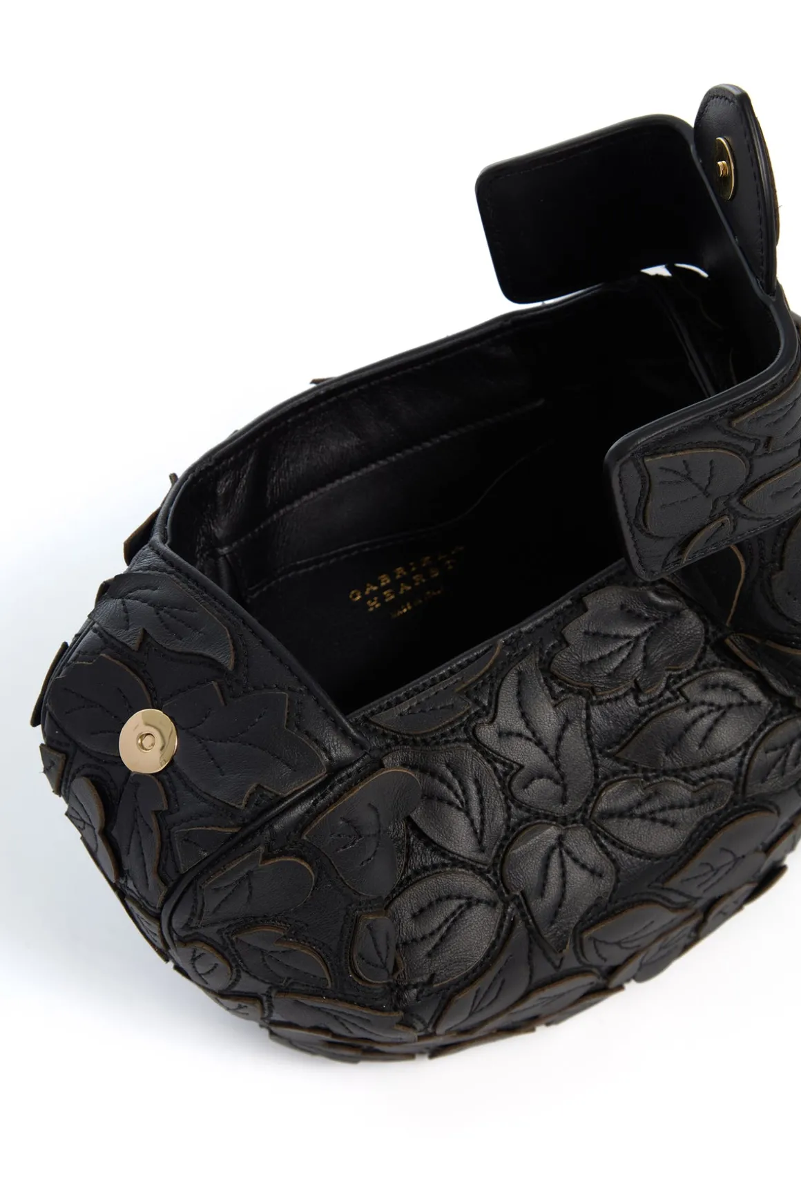 Soft Demi Embroidered Leaves Clutch in Black Nappa Leather
