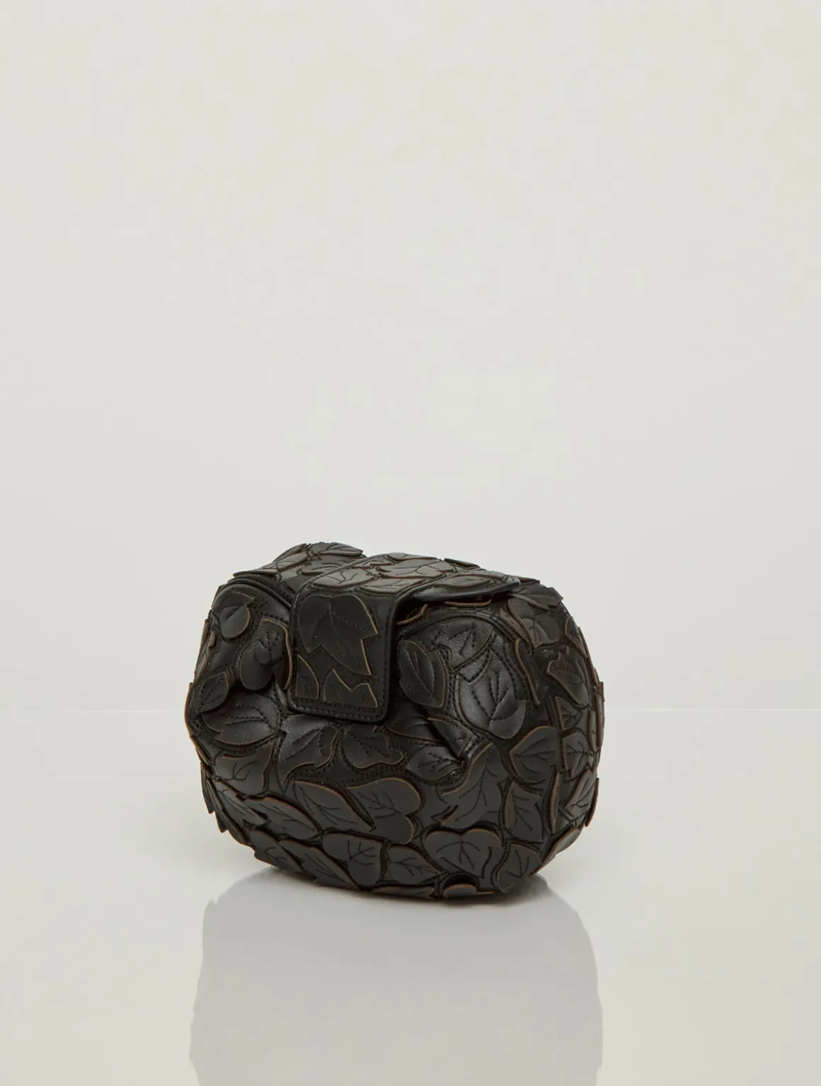 Soft Demi Embroidered Leaves Clutch in Black Nappa Leather