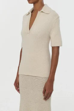 Sohan Knit Short Sleeve Polo in Off White Cashmere