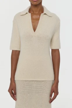Sohan Knit Short Sleeve Polo in Off White Cashmere