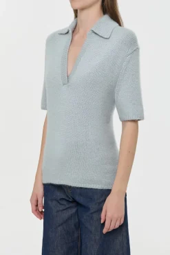 Sohan Knit Short Sleeve Polo in Light Blue Cashmere