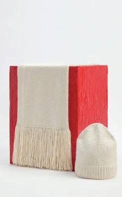 Staffordshire Knit Fringe Scarf in Ivory Cashmere