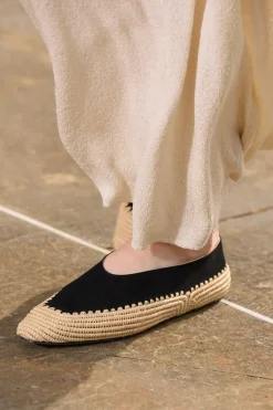 Strength Flat Shoe in Black Suede & Natural Raffia