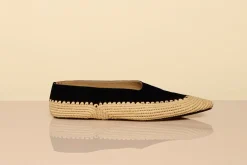 Strength Flat Shoe in Black Suede & Natural Raffia