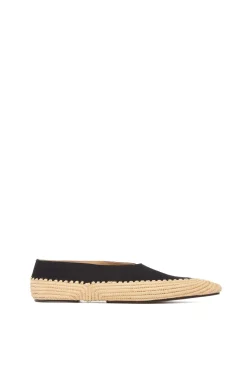 Strength Flat Shoe in Black Suede & Natural Raffia