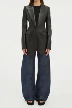 Sybel Raw Cut Blazer in Black Soft Leather