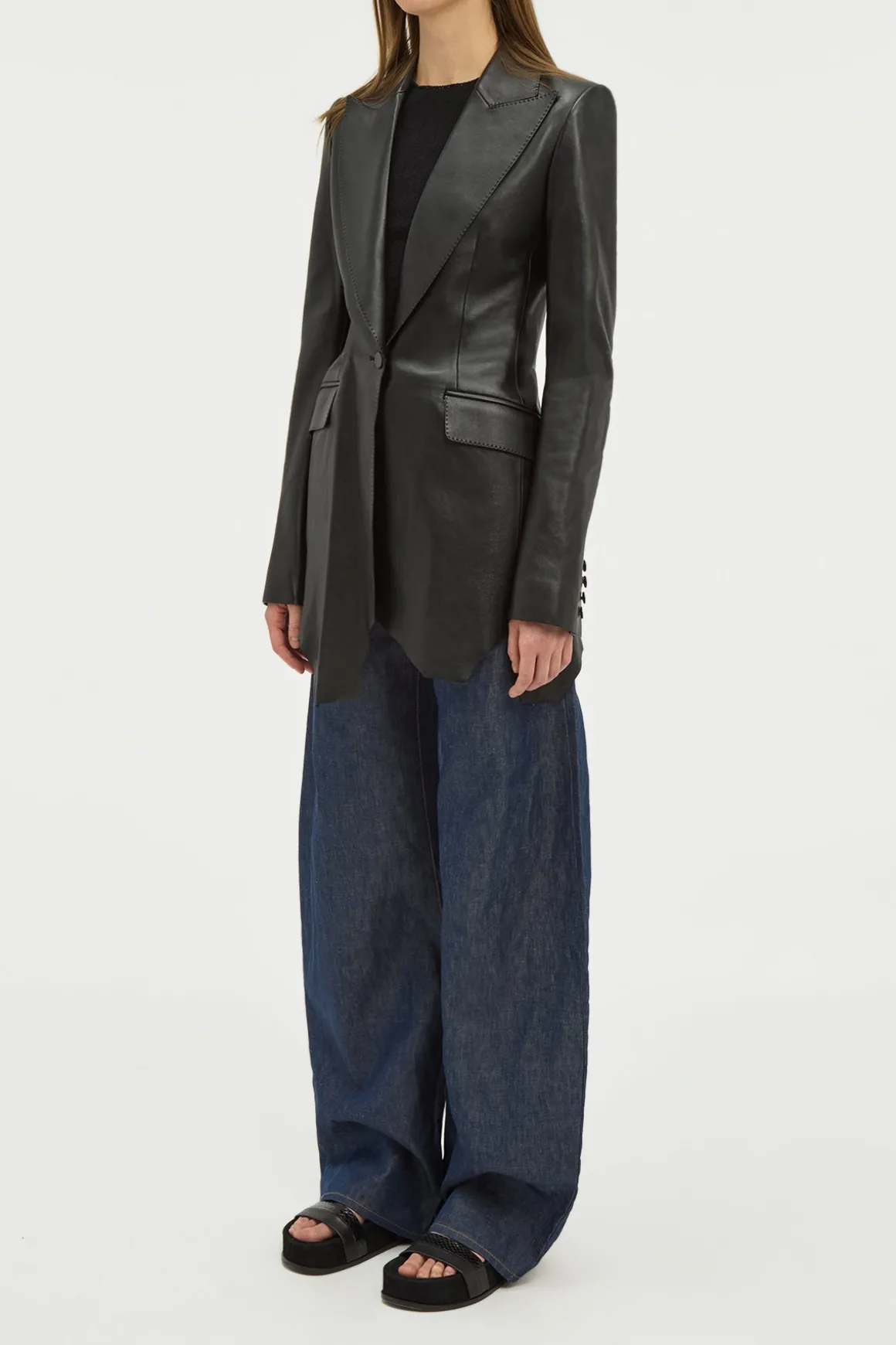 Sybel Raw Cut Blazer in Black Soft Leather