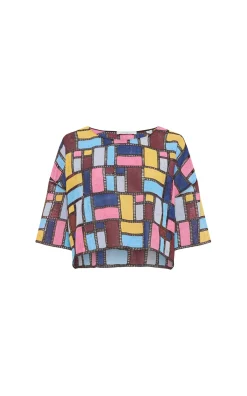 Tatia Patchwork Embroidered Cropped Top in Aurora Multi Linen