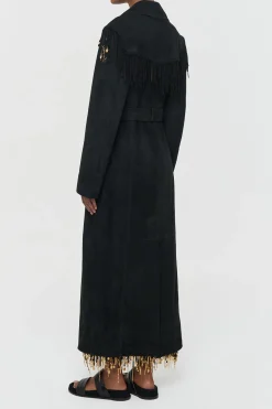 Thaniel Fringe Trench Coat in Black Suede with Charms