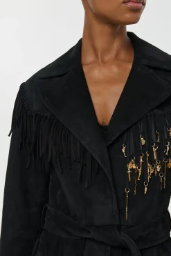 Thaniel Fringe Trench Coat in Black Suede with Charms