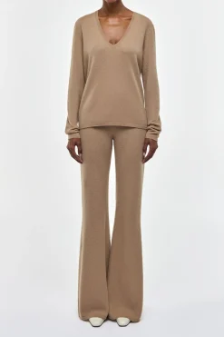 Vesper Knit V-Neck Sweater in Camel Brushed Cashmere