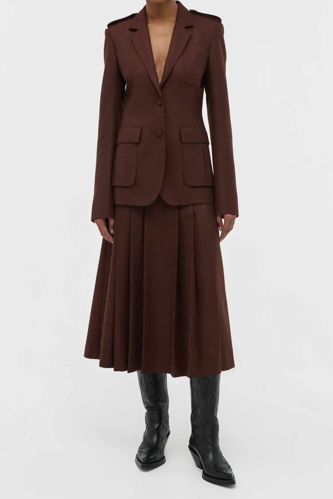Wesley Pleated Midi Skirt in Burnt Sienna Wool Cashmere Flannel