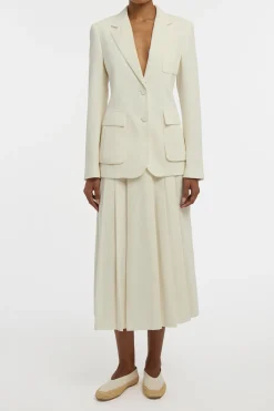 Wesley Pleated Midi Skirt in Ivory Sea Island Cotton Corduroy