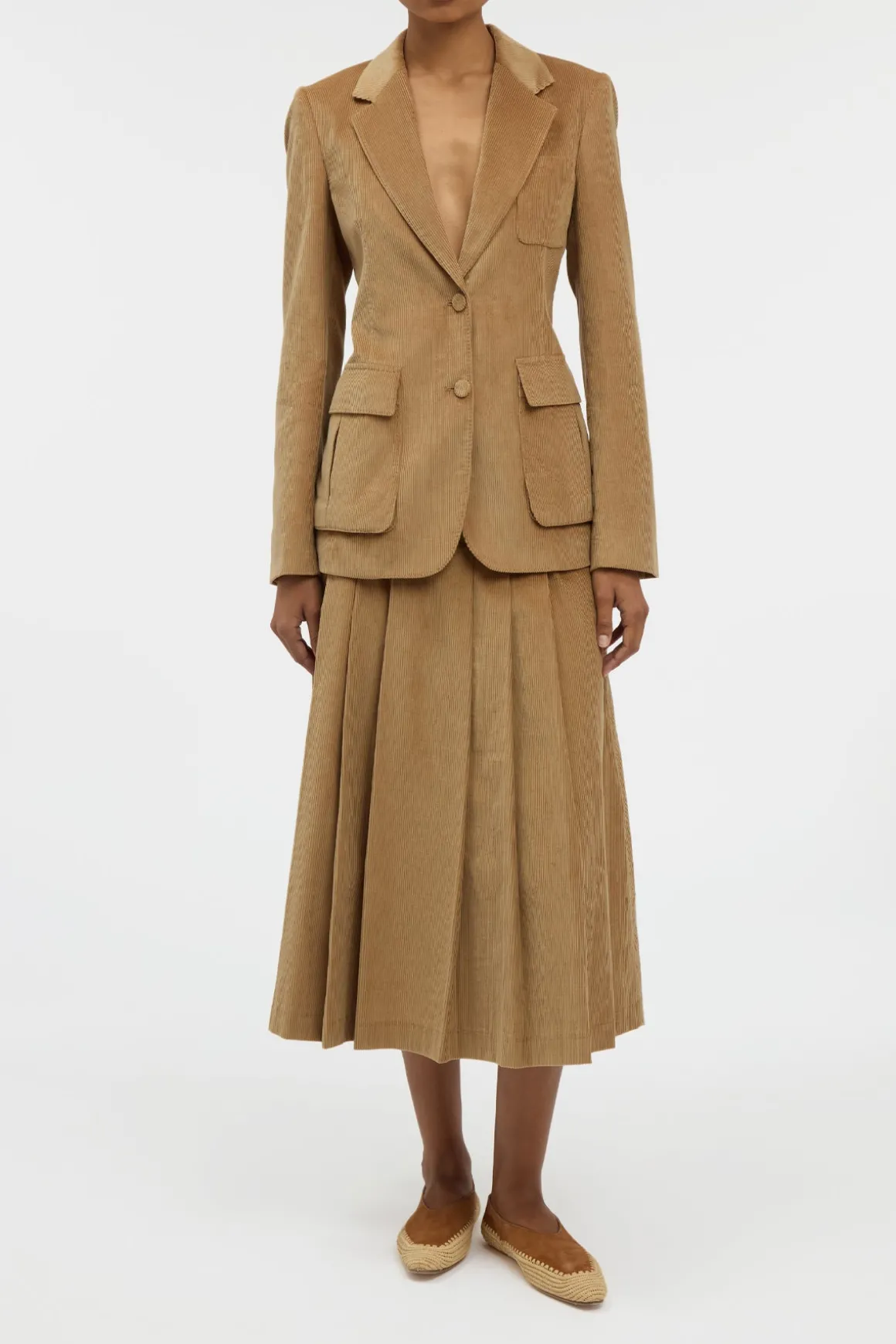 Wesley Pleated Skirt in Camel Sea Island Cotton Corduroy